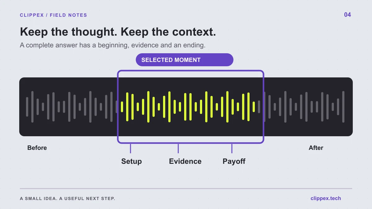 A long video timeline with a highlighted section containing setup, evidence and payoff, with surrounding context retained for review.