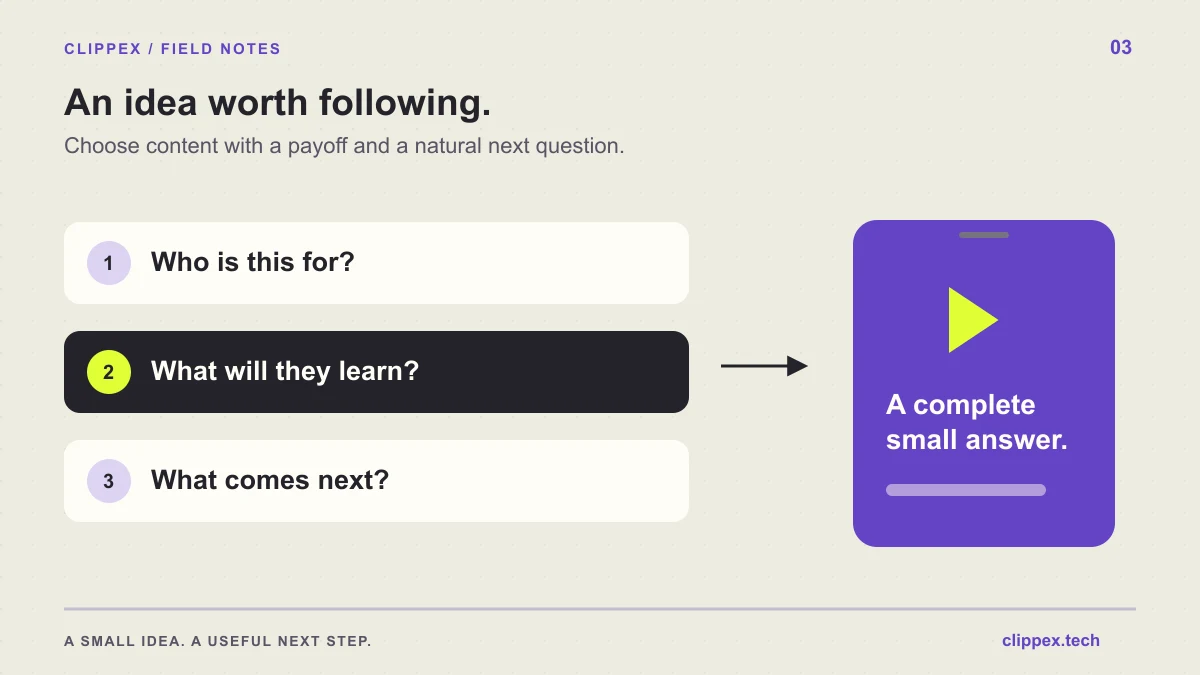 Content selection filter with audience fit, a clear payoff and a relevant next question leading to one chosen video idea.