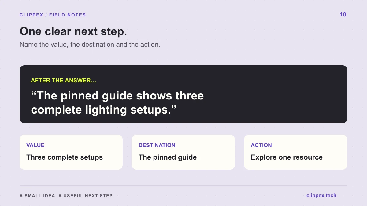 A call-to-action formula connecting a completed answer, a named next resource and one clear viewer action.